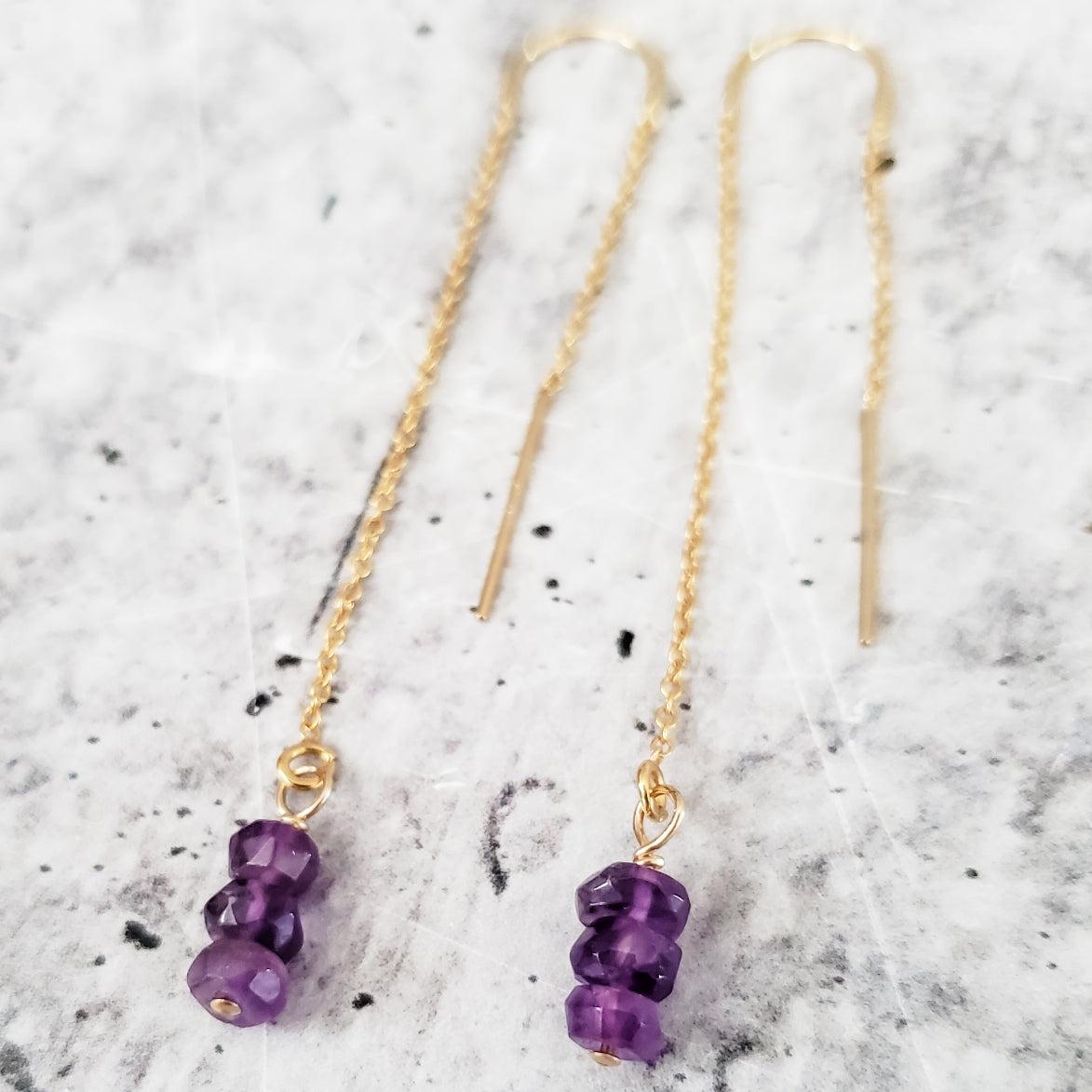 Purple Amethyst Beads Threader Earrings Crystal Earrings La Vie Bien Purple Amethyst Beads Threader Earrings