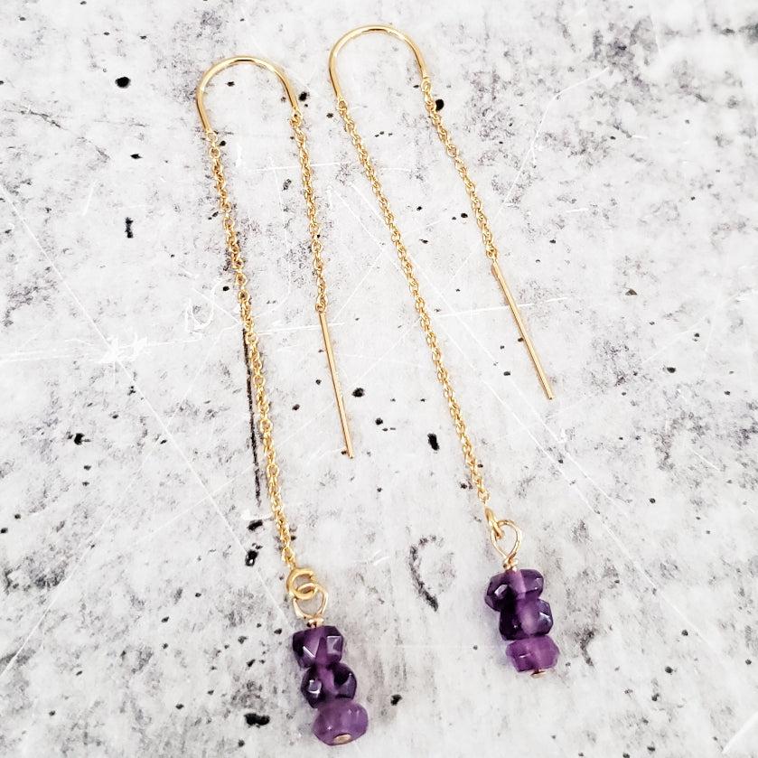 Purple Amethyst Beads Threader Earrings Crystal Earrings La Vie Bien Purple Amethyst Beads Threader Earrings