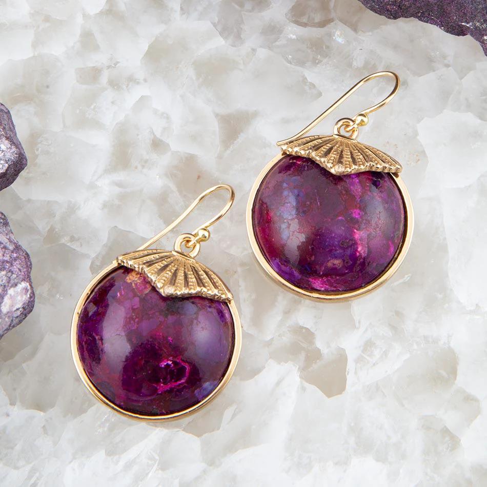 Purple Turquoise Circle Golden Drop Earrings by Barse Jewelry