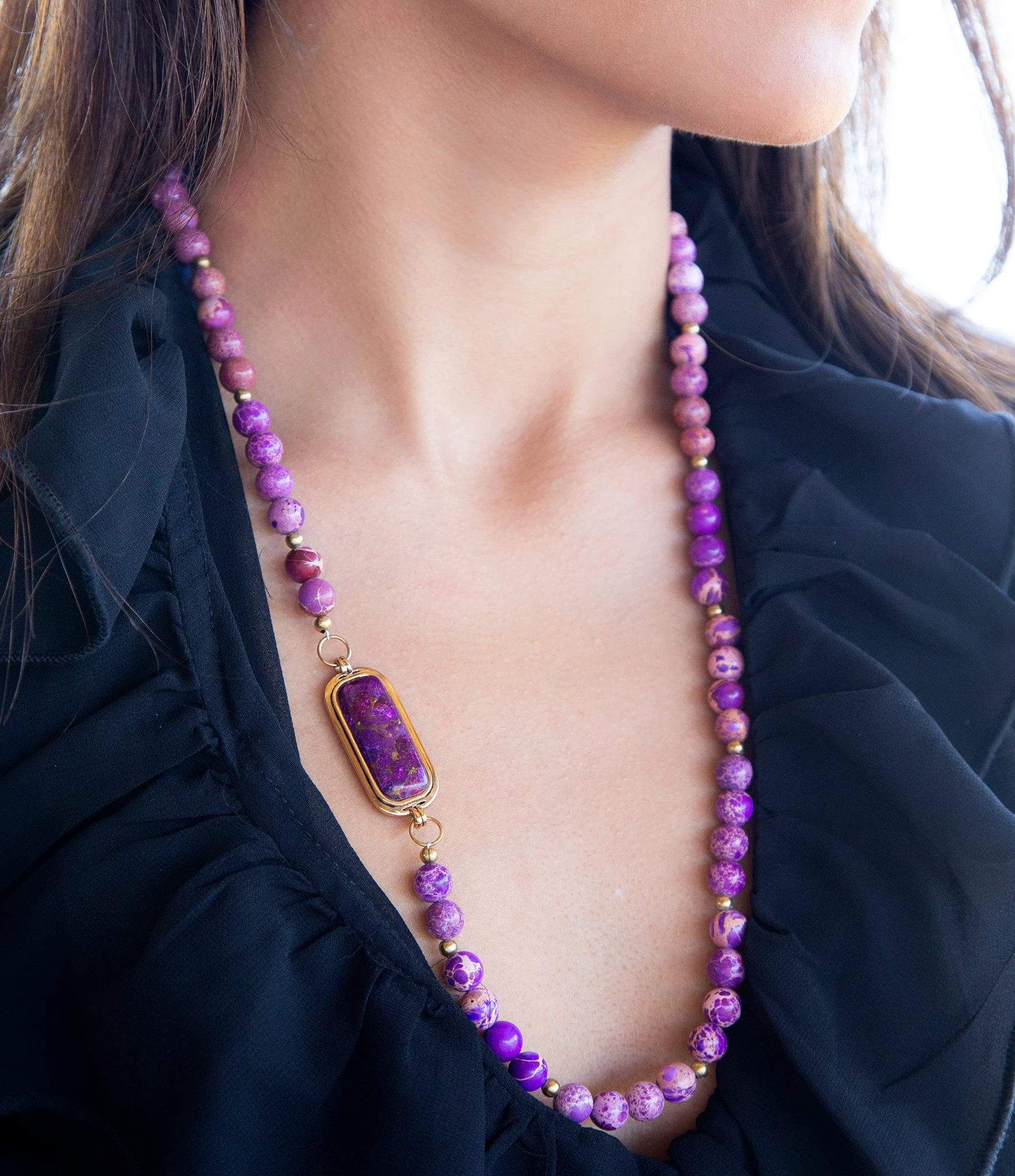 Purple Turquoise Linked Golden Necklace by Barse Jewelry