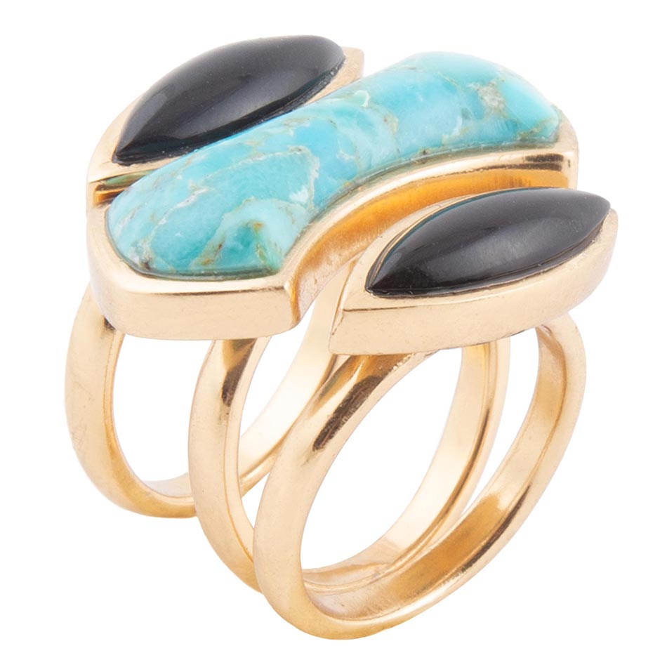 Puzzle Blue Turquoise and Black Onyx Golden Ring Set Rings La Vie Bien Puzzle Blue Turquoise and Black Onyx Golden Ring Set