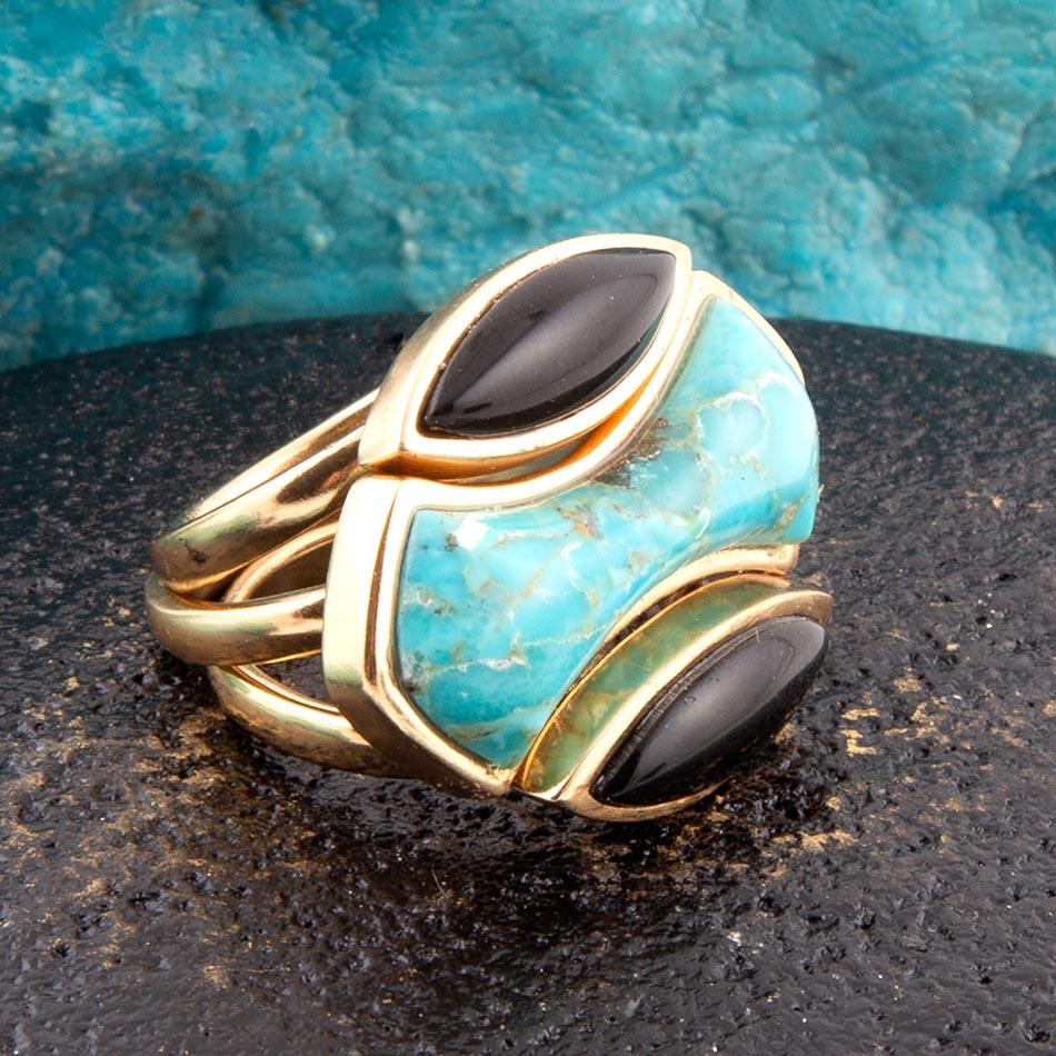 Puzzle Blue Turquoise and Black Onyx Golden Ring Set Rings La Vie Bien Puzzle Blue Turquoise and Black Onyx Golden Ring Set
