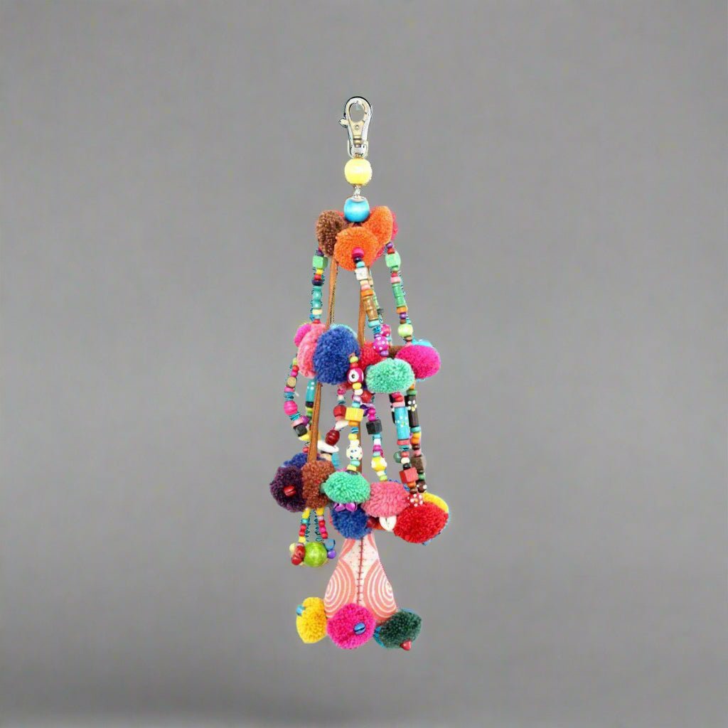 Pyramid XL Pom Pom Bag Charm | Handmade Zipper Pull with Beads and Shells | Thailand Zipper Pulls La Vie Bien Pyramid XL Pom Pom Bag Charm | Handmade Zipper Pull with Beads and Shells | Thailand