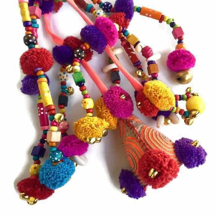 Pyramid XL Pom Pom Bag Charm | Handmade Zipper Pull with Beads and Shells | Thailand Zipper Pulls La Vie Bien Pyramid XL Pom Pom Bag Charm | Handmade Zipper Pull with Beads and Shells | Thailand