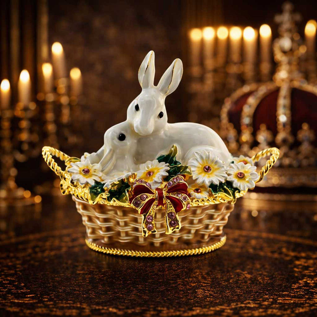 White Bunny Family in Easter Basket Trinket Box Figurine 2.5 Inches