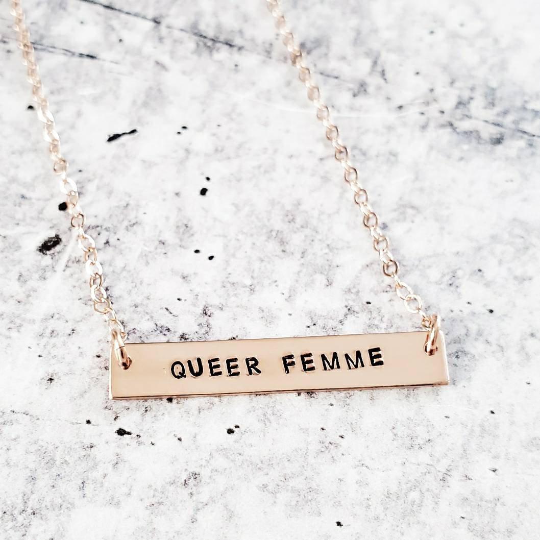 QUEER FEMME Bar Necklace Stamped Necklaces La Vie Bien QUEER FEMME Bar Necklace