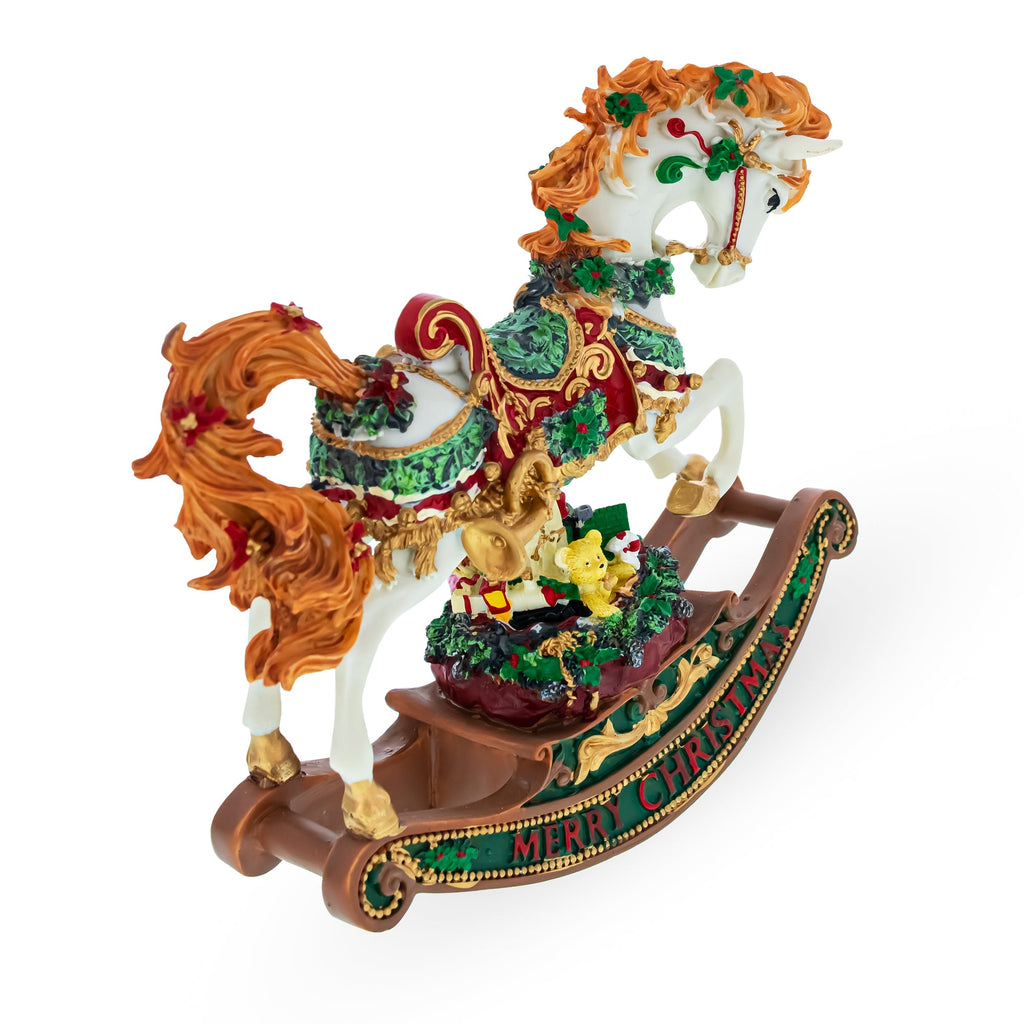 Christmas Horse Musical Figurine Resin Wind Up Holiday Decor 8 Inch