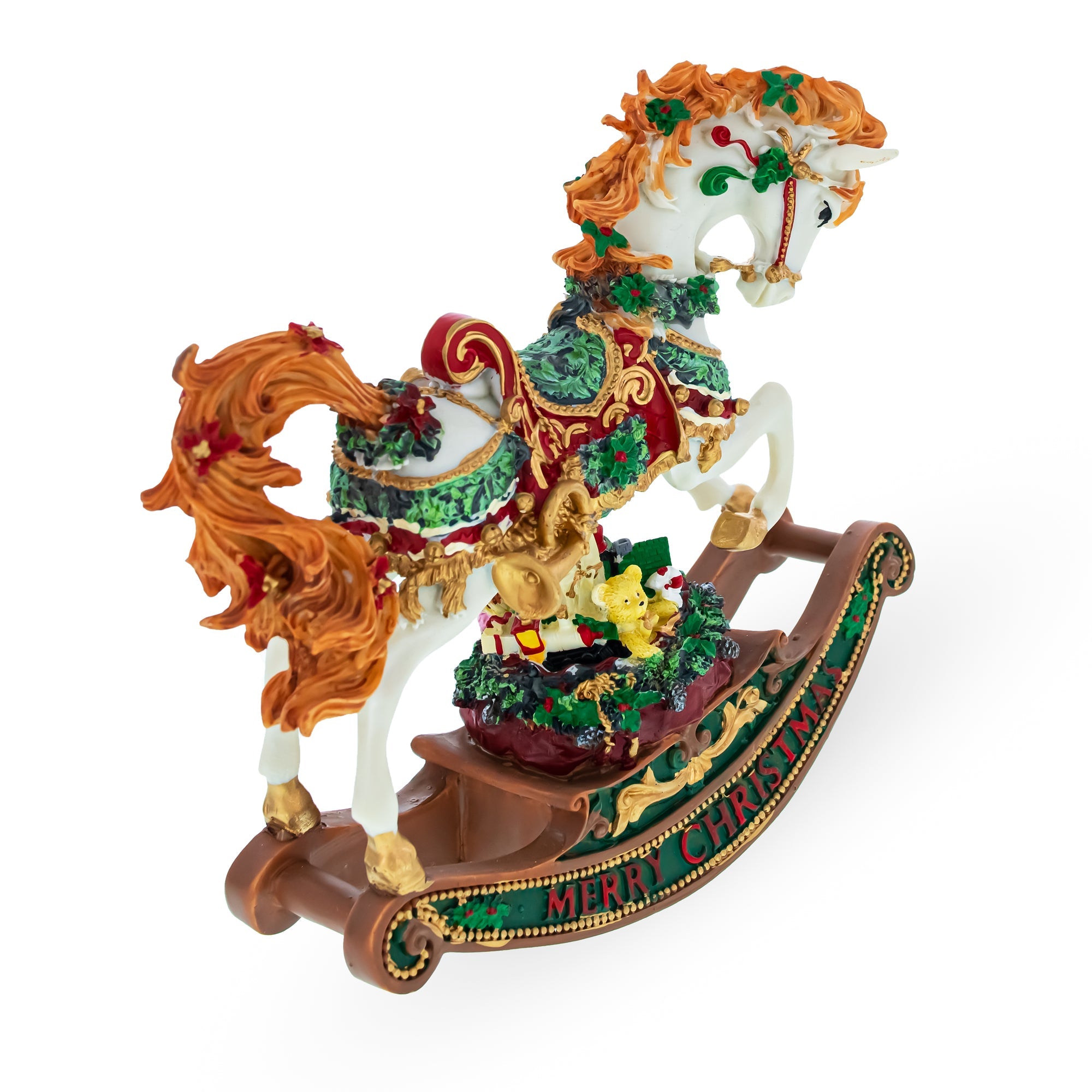 Christmas Horse Musical Figurine Resin Wind Up Holiday Decor 8 Inch