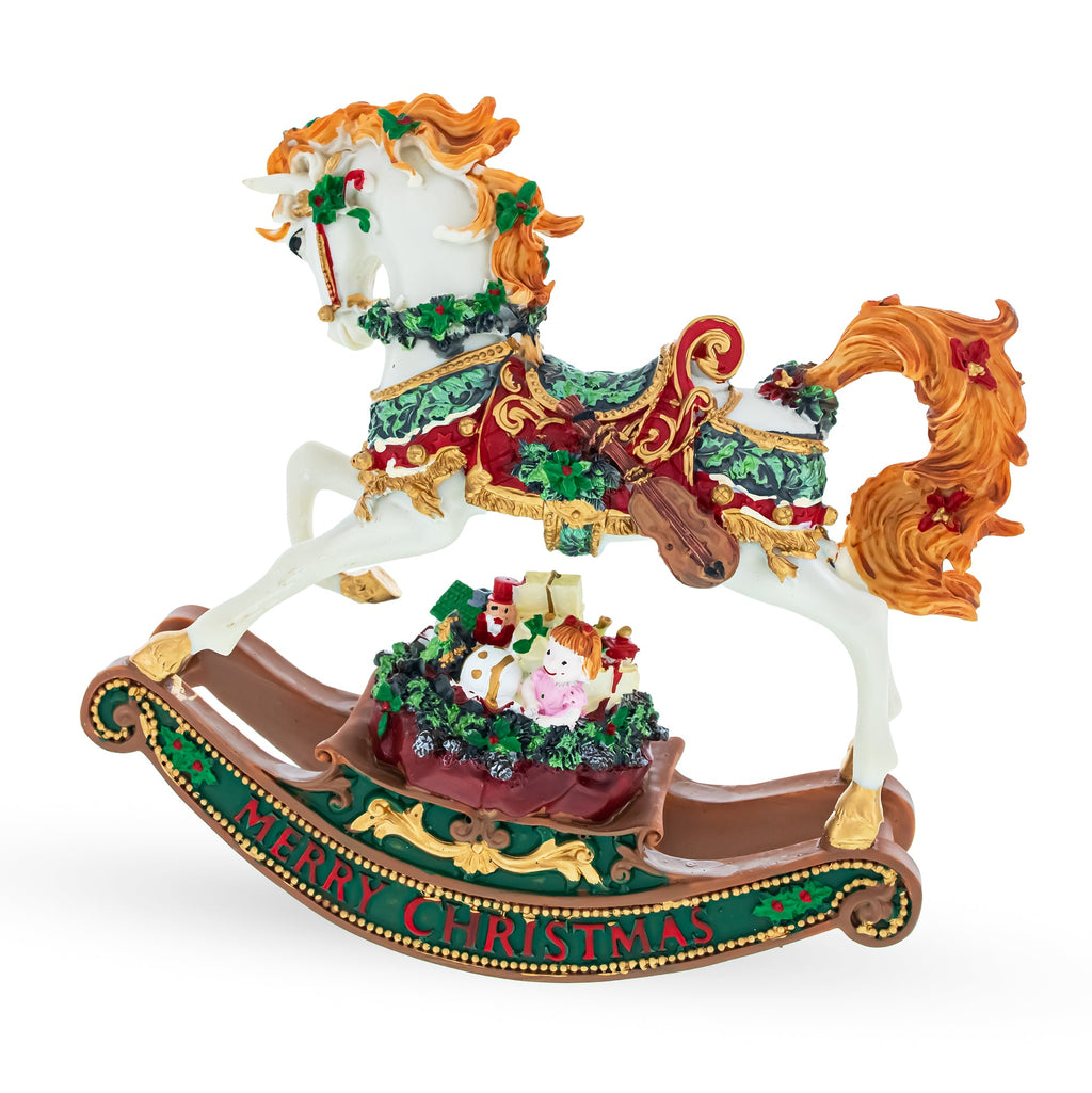 Christmas Horse Musical Figurine Resin Wind Up Holiday Decor 8 Inch