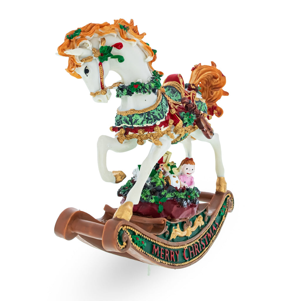 Christmas Horse Musical Figurine Resin Wind Up Holiday Decor 8 Inch