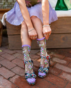 Rabbit Floral Black Sheer Crew Sock by Sock Candy