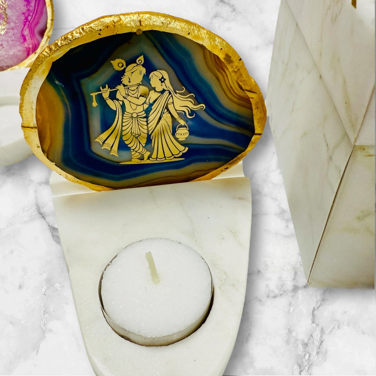 Radha Krishna Agate with Marble T Light Holder - Krishna Gift/ Janmashtami Gift/Hostess Gift La Vie Bien Radha Krishna Agate with Marble T Light Holder - Krishna Gift/ Janmashtami Gift/Hostess Gift