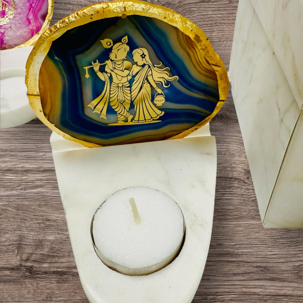 Radha Krishna Agate with Marble T Light Holder - Krishna Gift/ Janmashtami Gift/Hostess Gift La Vie Bien Radha Krishna Agate with Marble T Light Holder - Krishna Gift/ Janmashtami Gift/Hostess Gift