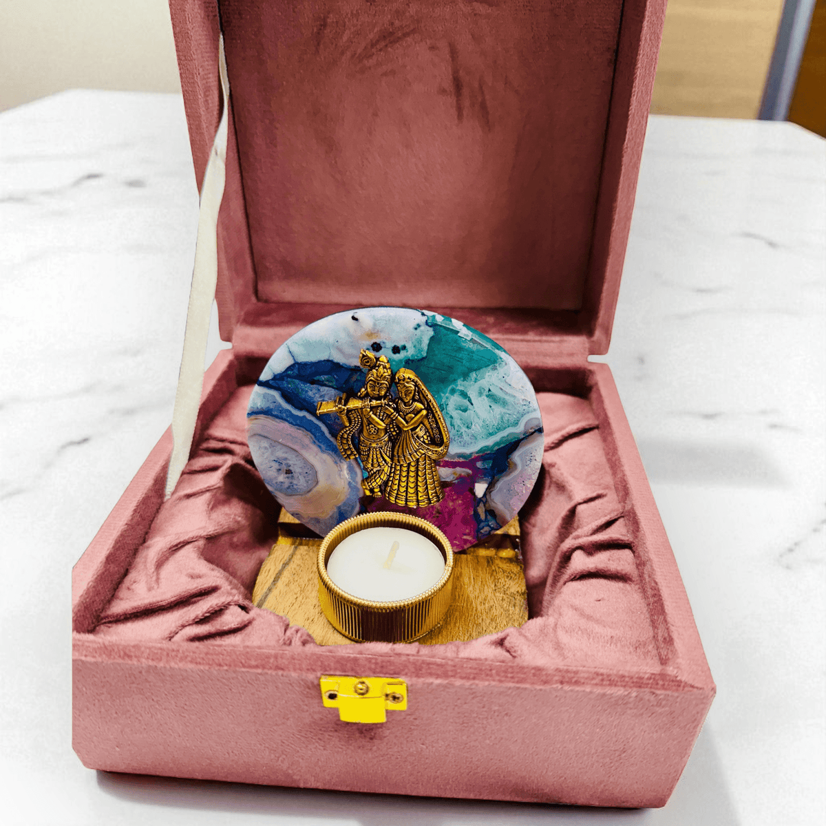 Radha Krishna on Agate T-light Holder in Velvet Gift Box - Premium Gift for Housewarming/ Hostess Gift/ Janmashtami Gift La Vie Bien Radha Krishna on Agate T-light Holder in Velvet Gift Box - Premium Gift for Housewarming/ Hostess Gift/ Janmashtami Gift