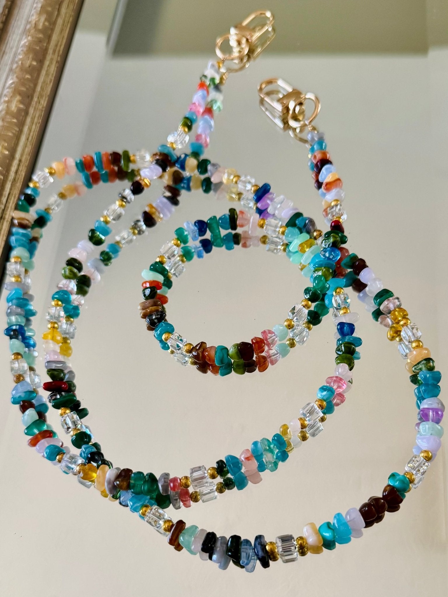 Rainbow Gemstone and Crystal Beaded ID Badge Lanyard / Crossbody Phone Strap / Bag Chain Purse Charm Accessories La Vie Bien Rainbow Gemstone and Crystal Beaded ID Badge Lanyard / Crossbody Phone Strap / Bag Chain Purse Charm