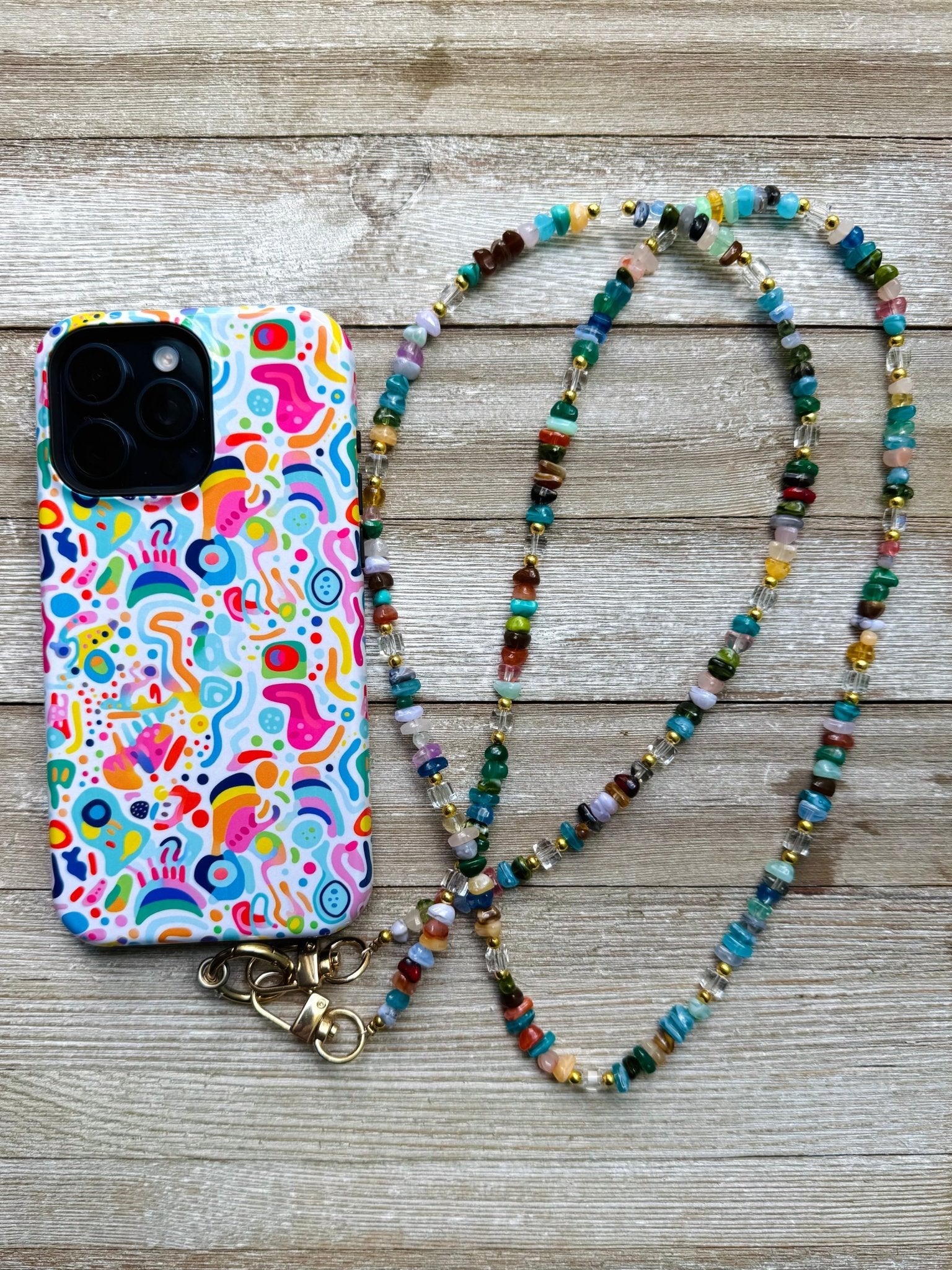 Rainbow Gemstone and Crystal Beaded ID Badge Lanyard / Crossbody Phone Strap / Bag Chain Purse Charm Accessories La Vie Bien Rainbow Gemstone and Crystal Beaded ID Badge Lanyard / Crossbody Phone Strap / Bag Chain Purse Charm