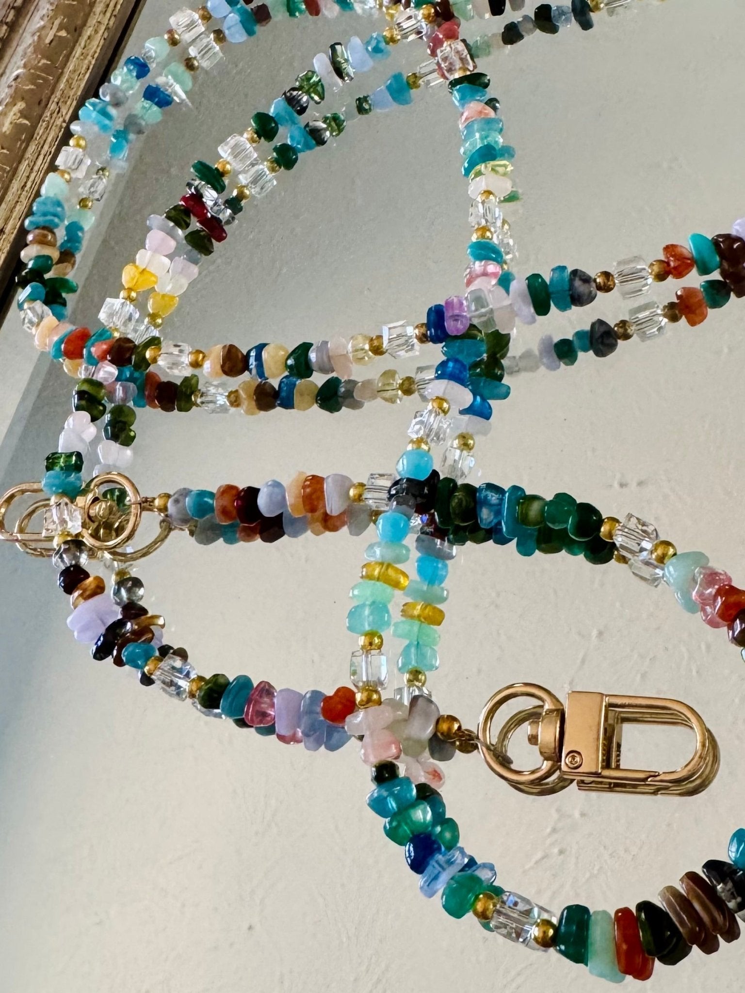 Rainbow Gemstone and Crystal Beaded ID Badge Lanyard / Crossbody Phone Strap / Bag Chain Purse Charm Accessories La Vie Bien Rainbow Gemstone and Crystal Beaded ID Badge Lanyard / Crossbody Phone Strap / Bag Chain Purse Charm