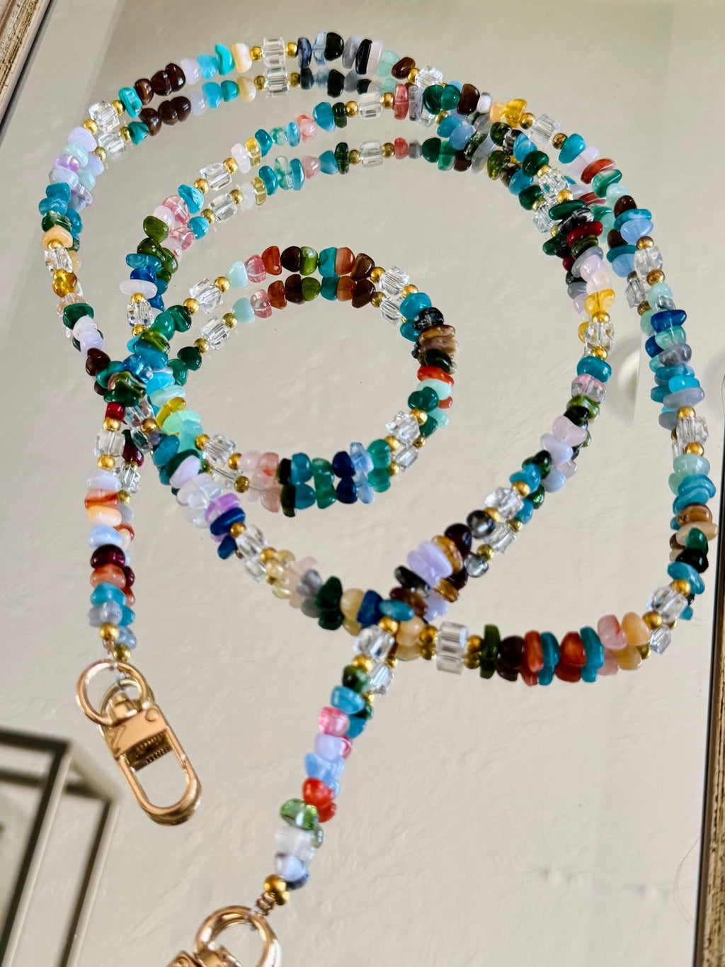Rainbow Gemstone and Crystal Beaded ID Badge Lanyard / Crossbody Phone Strap / Bag Chain Purse Charm Accessories La Vie Bien Rainbow Gemstone and Crystal Beaded ID Badge Lanyard / Crossbody Phone Strap / Bag Chain Purse Charm