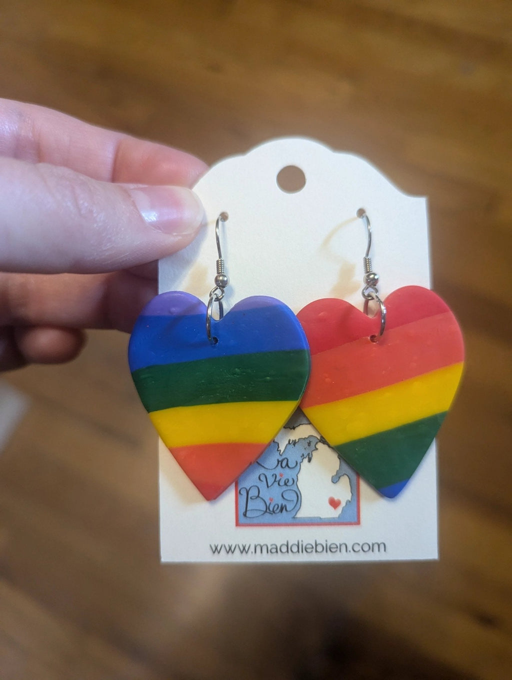 Rainbow heart polymer clay earrings, for pierced ears. Handmade jewelry perfect for gifting, made in Michigan USA! Colorful! Vibrant! Happy by My Store