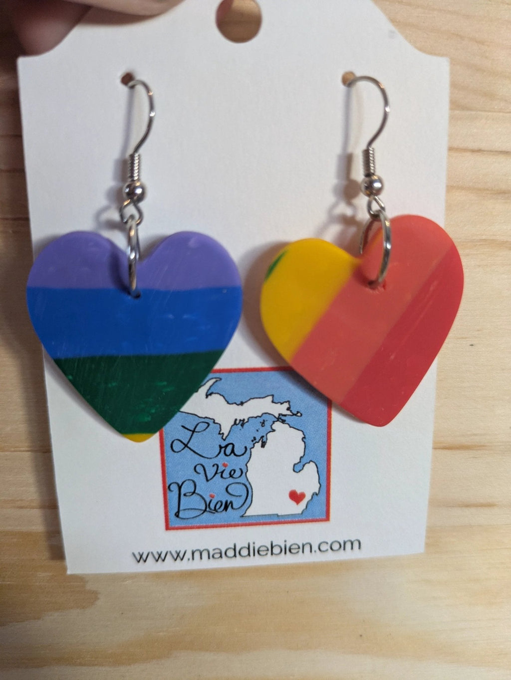 Rainbow heart polymer clay earrings, for pierced ears, handmade jewelry perfect for gifting, made in Michigan USA. Colorful by My Store