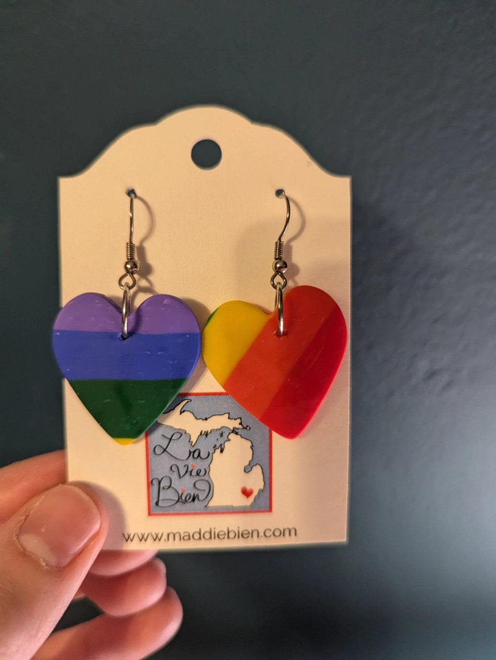 Rainbow heart polymer clay earrings, for pierced ears, handmade jewelry perfect for gifting, made in Michigan USA. Colorful by My Store