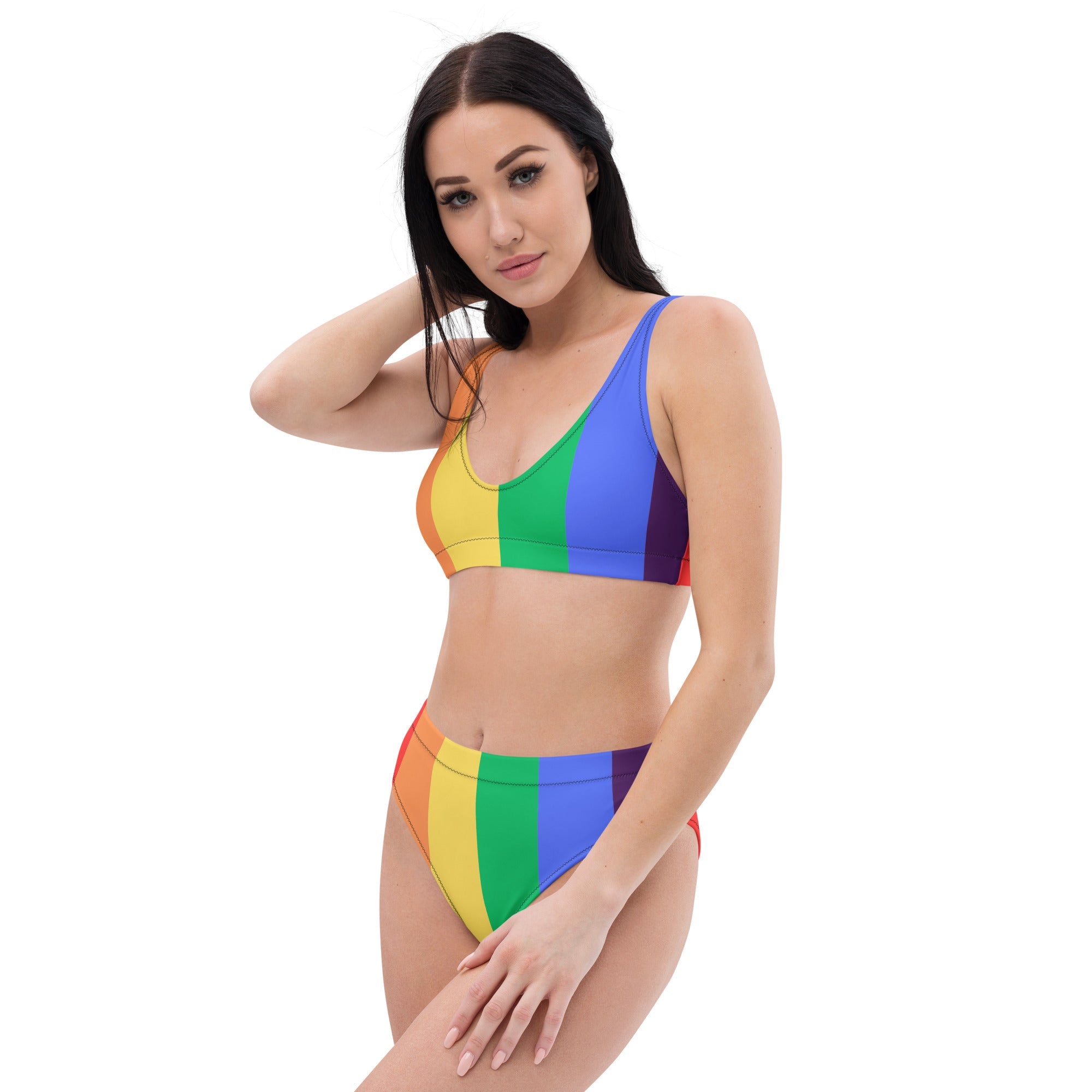 Rainbow stripes Recycled high - waisted bikini