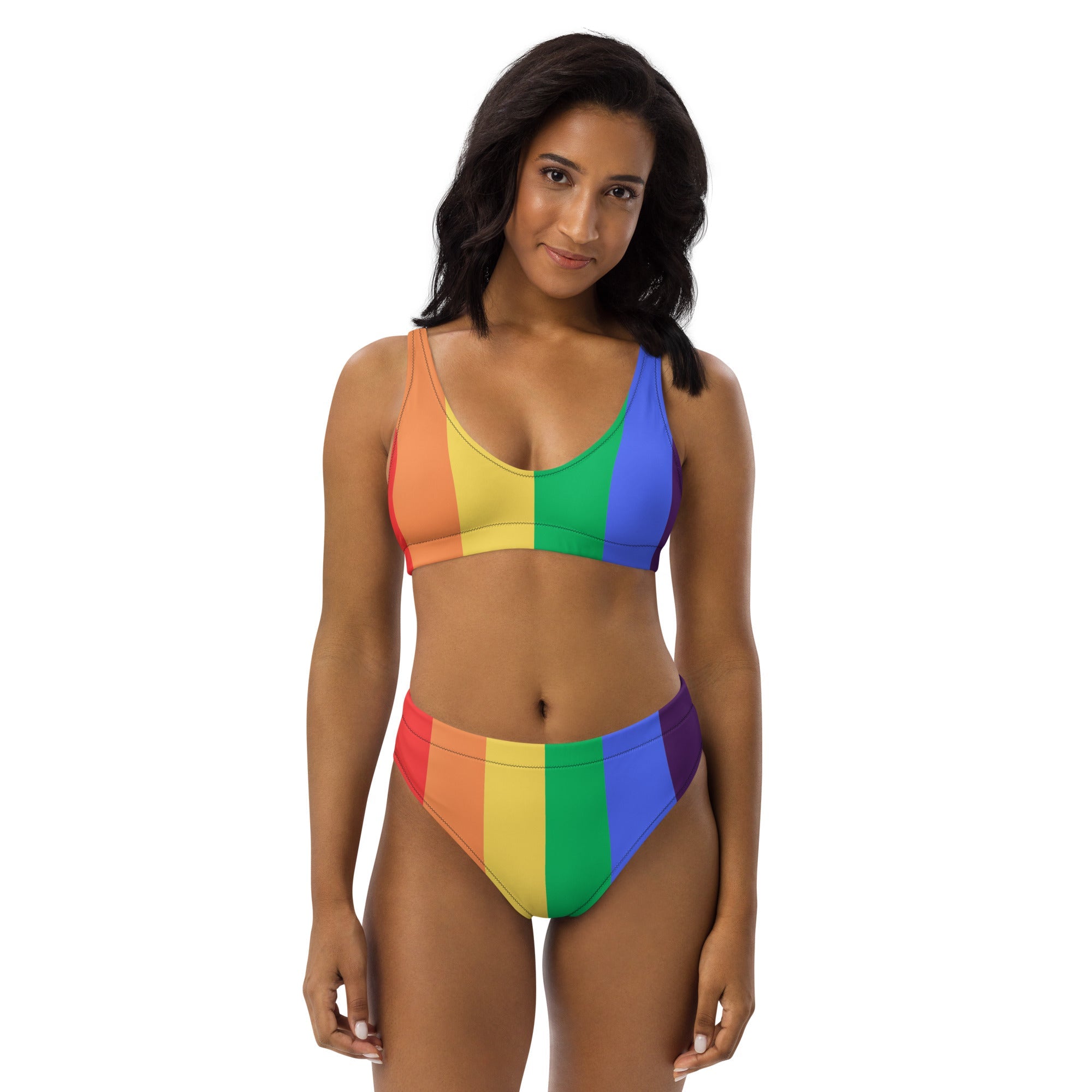 Rainbow stripes Recycled high - waisted bikini