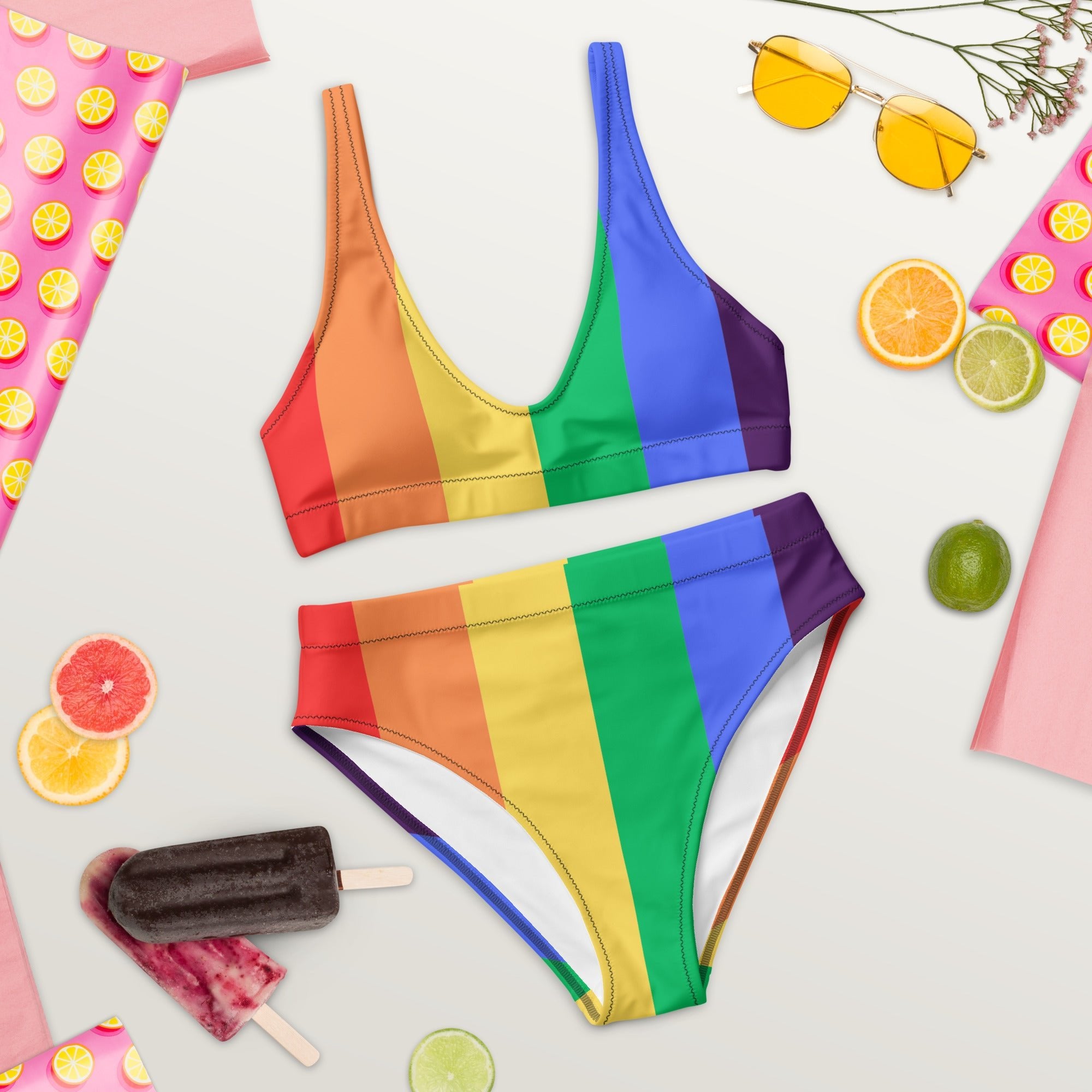 Rainbow stripes Recycled high - waisted bikini