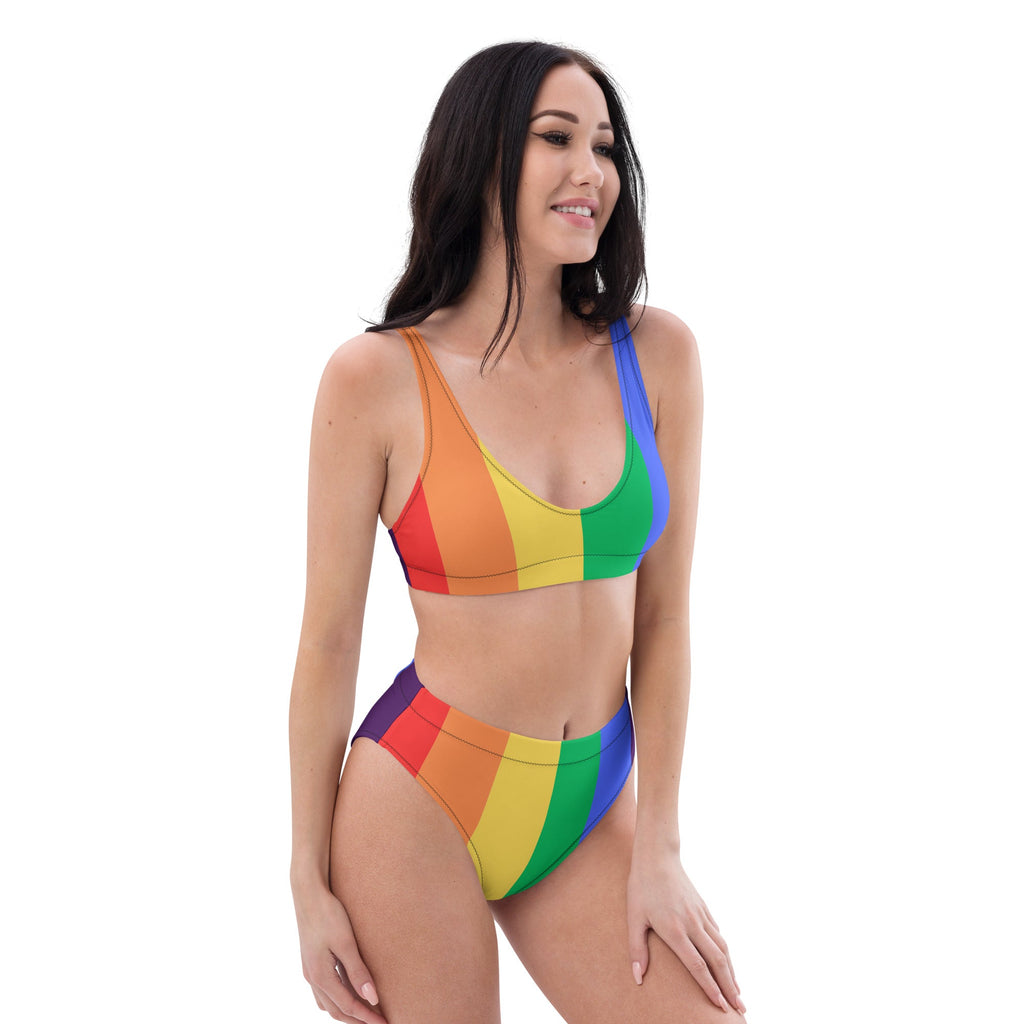 Rainbow stripes Recycled high - waisted bikini