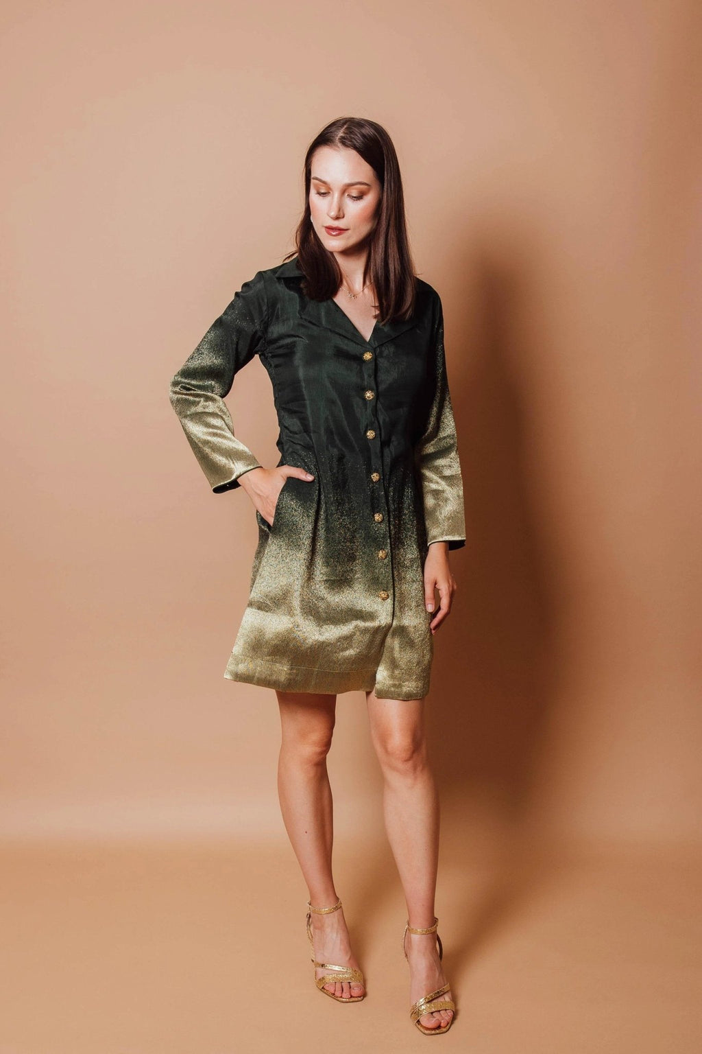 Ramona Green Blazer Dress with Jacquard Silk by Raas