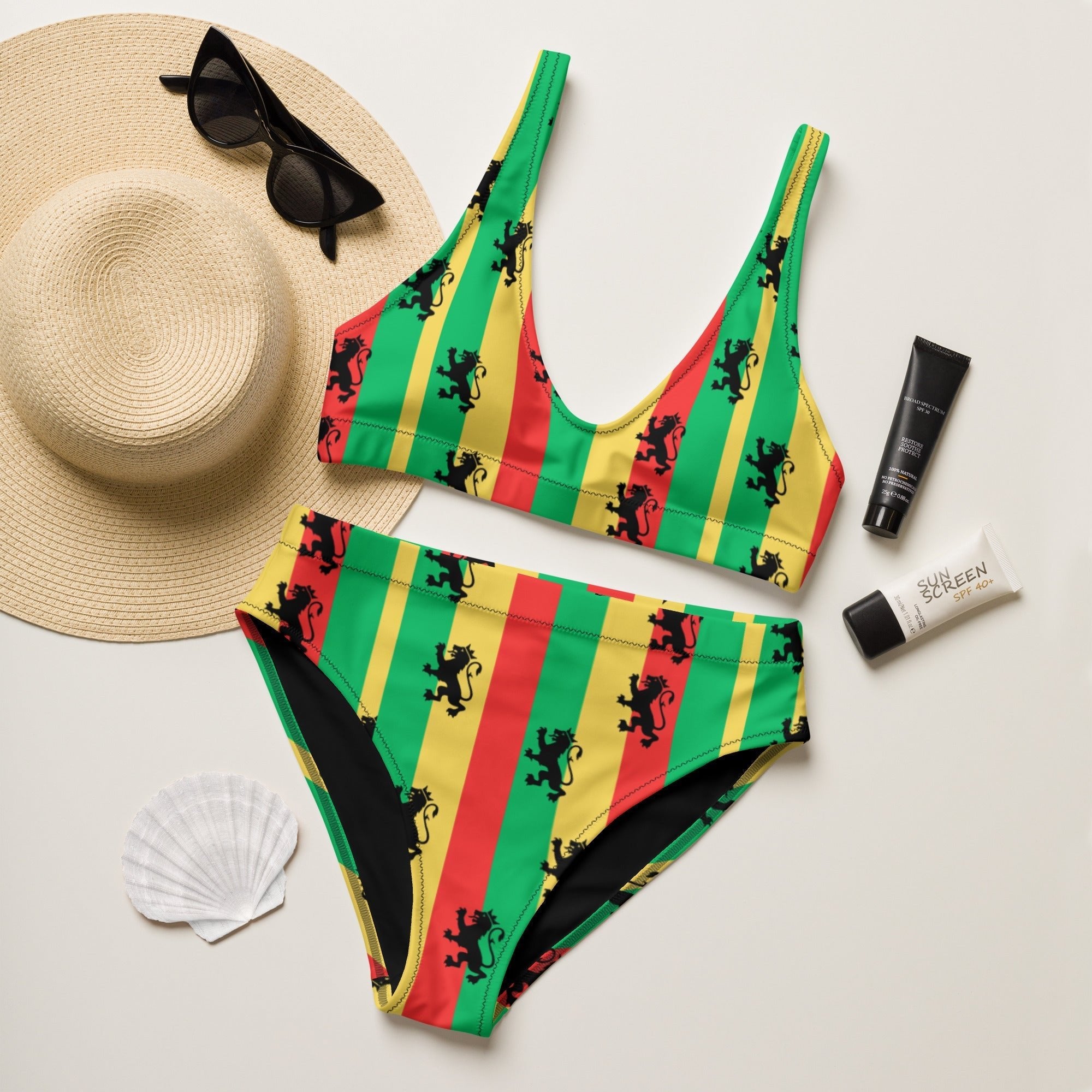 Rasta Reggae High Waisted Bikini All - Over Print Recycled High - Waisted Bikini La Vie Bien Rasta Reggae High Waisted Bikini