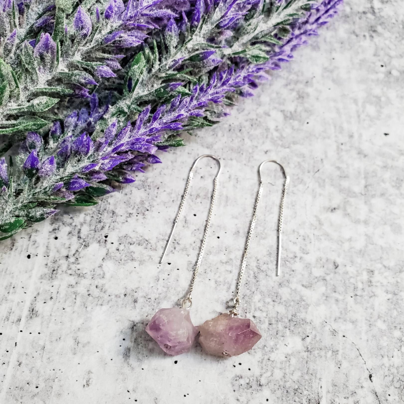 Raw Purple Amethyst Threader Earrings Crystal Earrings La Vie Bien Raw Purple Amethyst Threader Earrings