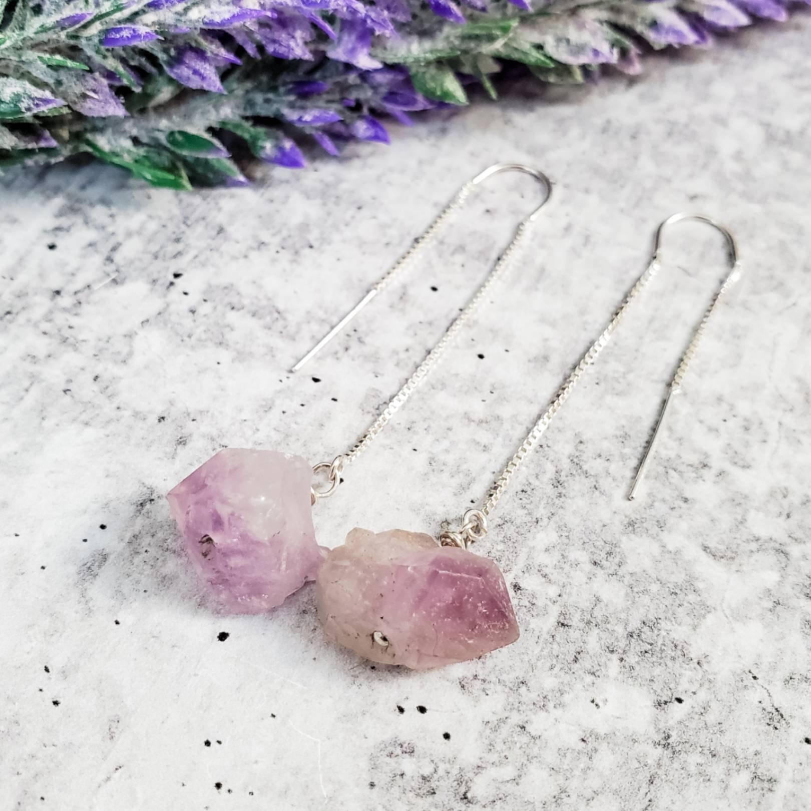Raw Purple Amethyst Threader Earrings Crystal Earrings La Vie Bien Raw Purple Amethyst Threader Earrings