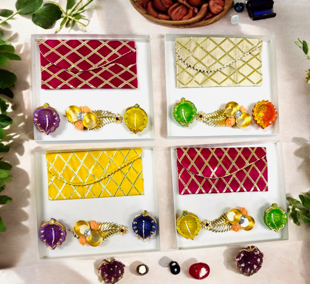 Ready-to-gift Combo includes Beautiful Pouch or Lifafa, Two Clay Handpainted Diya's & Golden Feather Haldi-Kumkum Plate with Gift Box- Set of 4 for Diwali or Indian Festivals or Occasions as Return Gift Favors & Return Gifts La Vie Bien Ready-to-gift Combo includes Beautiful Pouch or Lifafa, Two Clay Handpainted Diya's & Golden Feather Haldi-Kumkum Plate with Gift Box- Set of 4 for Diwali or Indian Festivals or Occasions as Return Gift