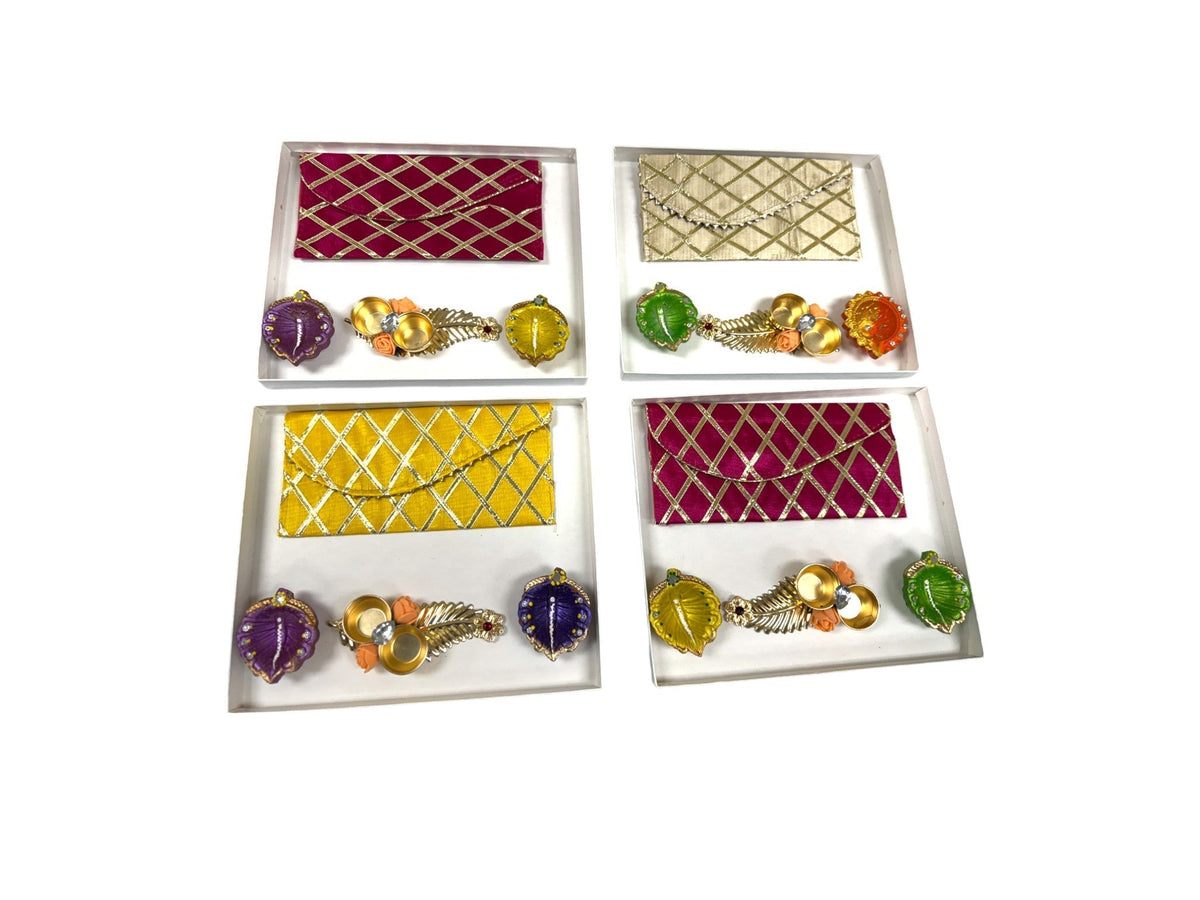 Ready-to-gift Combo includes Beautiful Pouch or Lifafa, Two Clay Handpainted Diya's & Golden Feather Haldi-Kumkum Plate with Gift Box- Set of 4 for Diwali or Indian Festivals or Occasions as Return Gift Favors & Return Gifts La Vie Bien Ready-to-gift Combo includes Beautiful Pouch or Lifafa, Two Clay Handpainted Diya's & Golden Feather Haldi-Kumkum Plate with Gift Box- Set of 4 for Diwali or Indian Festivals or Occasions as Return Gift