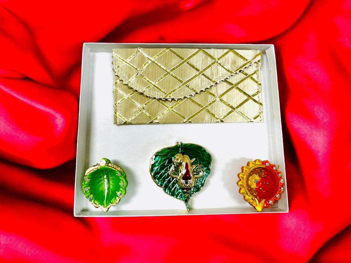 Ready-to gift Combo includes Beautiful Shagun Pouch or Lifafa, Two Handpainted Clay Diya's & Green Leaf Haldi-Kumkum Plate with Gift Box- Set of 4 for Diwali or Indian Festivals or Occasions as Return Gift Favors & Return Gifts La Vie Bien Ready-to gift Combo includes Beautiful Shagun Pouch or Lifafa, Two Handpainted Clay Diya's & Green Leaf Haldi-Kumkum Plate with Gift Box- Set of 4 for Diwali or Indian Festivals or Occasions as Return Gift