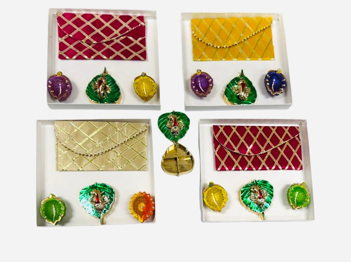Ready-to gift Combo includes Beautiful Shagun Pouch or Lifafa, Two Handpainted Clay Diya's & Green Leaf Haldi-Kumkum Plate with Gift Box- Set of 4 for Diwali or Indian Festivals or Occasions as Return Gift Favors & Return Gifts La Vie Bien Ready-to gift Combo includes Beautiful Shagun Pouch or Lifafa, Two Handpainted Clay Diya's & Green Leaf Haldi-Kumkum Plate with Gift Box- Set of 4 for Diwali or Indian Festivals or Occasions as Return Gift