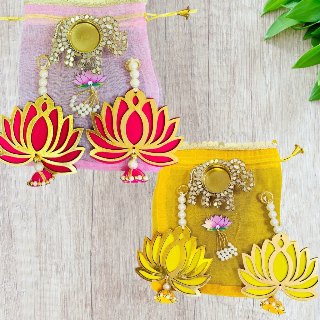 Ready to Gift Combo - Lotus Hangings & Elephant Diya in Organza Potli La Vie Bien Ready to Gift Combo - Lotus Hangings & Elephant Diya in Organza Potli