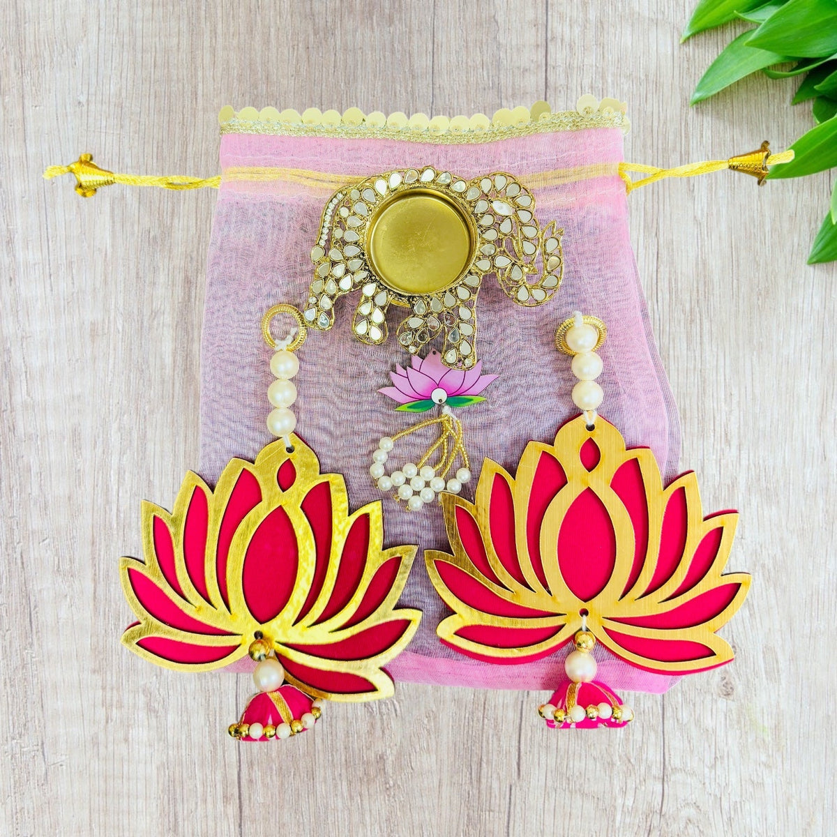 Ready to Gift Combo - Lotus Hangings & Elephant Diya in Organza Potli La Vie Bien Ready to Gift Combo - Lotus Hangings & Elephant Diya in Organza Potli