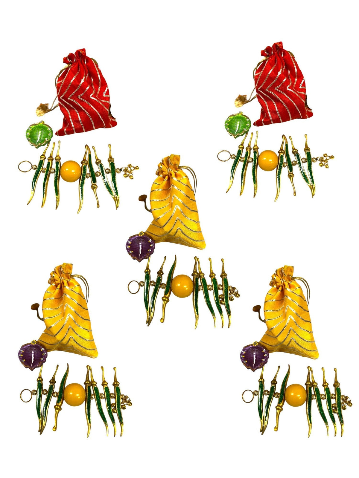 Ready-to-gift Combo Set includes One Metal Yellow & Green Nimbu Mirchi Charm & One Hand painted Clay Diya with Potli Gift Bag Set of 5 for Diwali or Indian Festivals or Occasions as Return Gift Favors & Return Gifts La Vie Bien Ready-to-gift Combo Set includes One Metal Yellow & Green Nimbu Mirchi Charm & One Hand painted Clay Diya with Potli Gift Bag Set of 5 for Diwali or Indian Festivals or Occasions as Return Gift