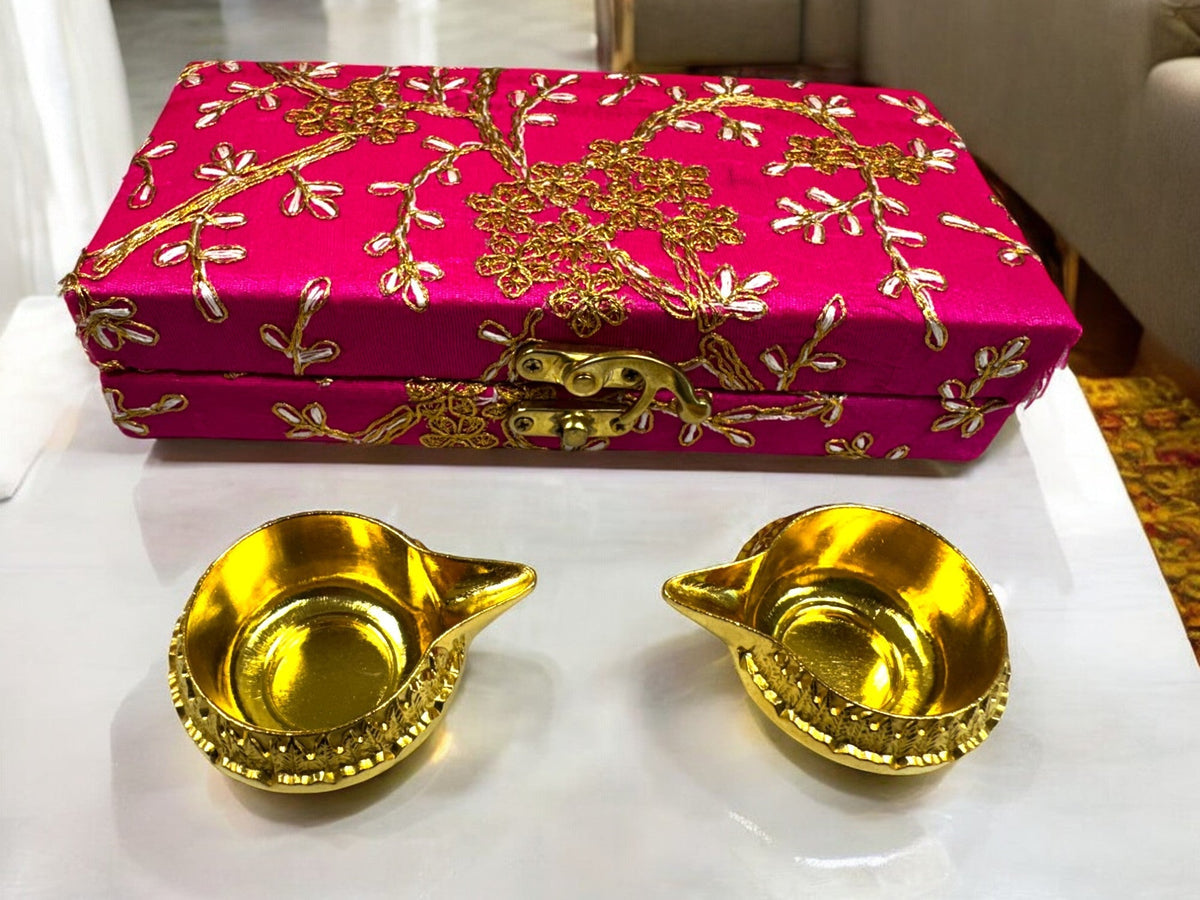 Ready-to gift Combo Set includes Two Metal Kuber Diyas with Rectangle Embroidered Gift Box set of 4 for Diwali or Indian Festivals or Occasions as Return Gift Favors & Return Gifts La Vie Bien Ready-to gift Combo Set includes Two Metal Kuber Diyas with Rectangle Embroidered Gift Box set of 4 for Diwali or Indian Festivals or Occasions as Return Gift