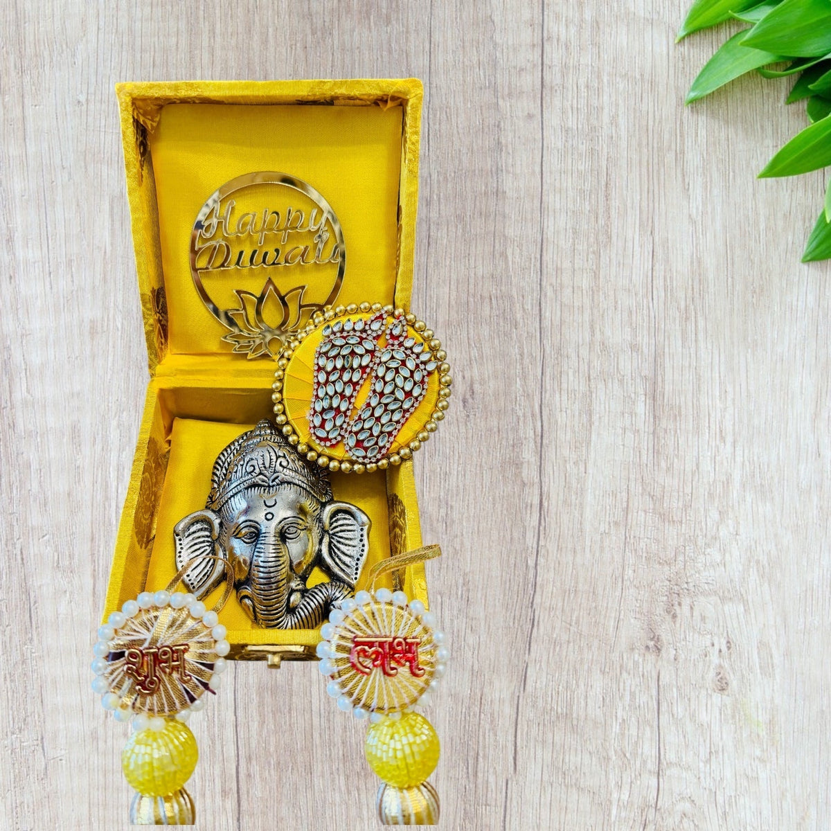 Ready-to-Gift Diwali Combos - German Silver Ganesha Hanging in Gift Box with Happy Diwali Decal La Vie Bien Ready-to-Gift Diwali Combos - German Silver Ganesha Hanging in Gift Box with Happy Diwali Decal
