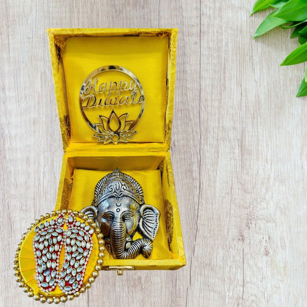 Ready-to-Gift Diwali Combos - German Silver Ganesha Hanging in Gift Box with Happy Diwali Decal La Vie Bien Ready-to-Gift Diwali Combos - German Silver Ganesha Hanging in Gift Box with Happy Diwali Decal