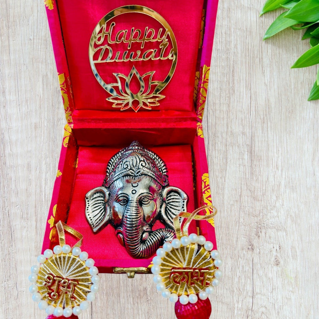 Ready-to-Gift Diwali Combos - German Silver Ganesha Hanging in Gift Box with Happy Diwali Decal La Vie Bien Ready-to-Gift Diwali Combos - German Silver Ganesha Hanging in Gift Box with Happy Diwali Decal