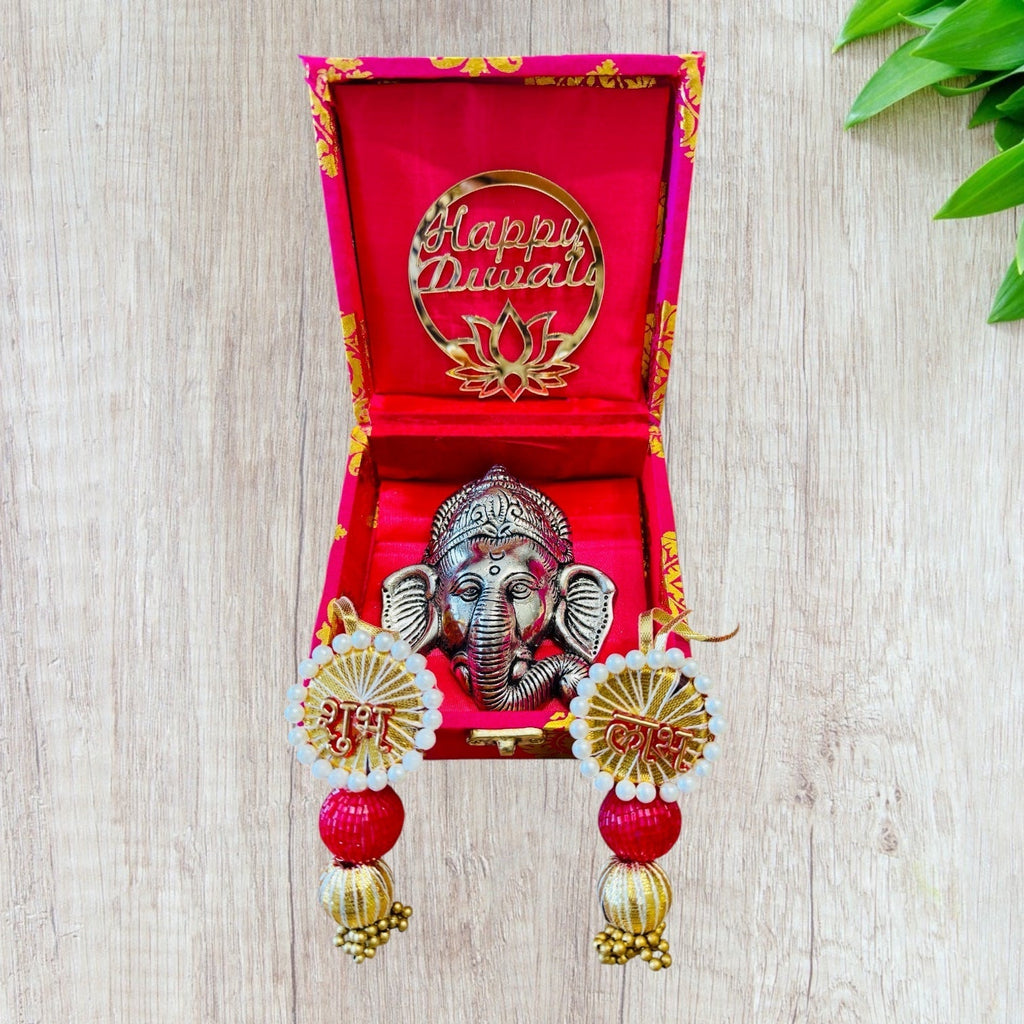 Ready-to-Gift Diwali Combos - German Silver Ganesha Hanging in Gift Box with Happy Diwali Decal La Vie Bien Ready-to-Gift Diwali Combos - German Silver Ganesha Hanging in Gift Box with Happy Diwali Decal