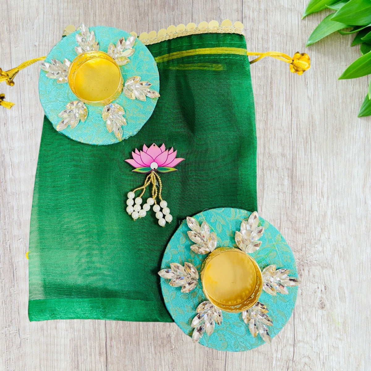 Ready to Gift - Set of 2 Brocade T-light Holders in Organza Potli La Vie Bien Ready to Gift - Set of 2 Brocade T-light Holders in Organza Potli