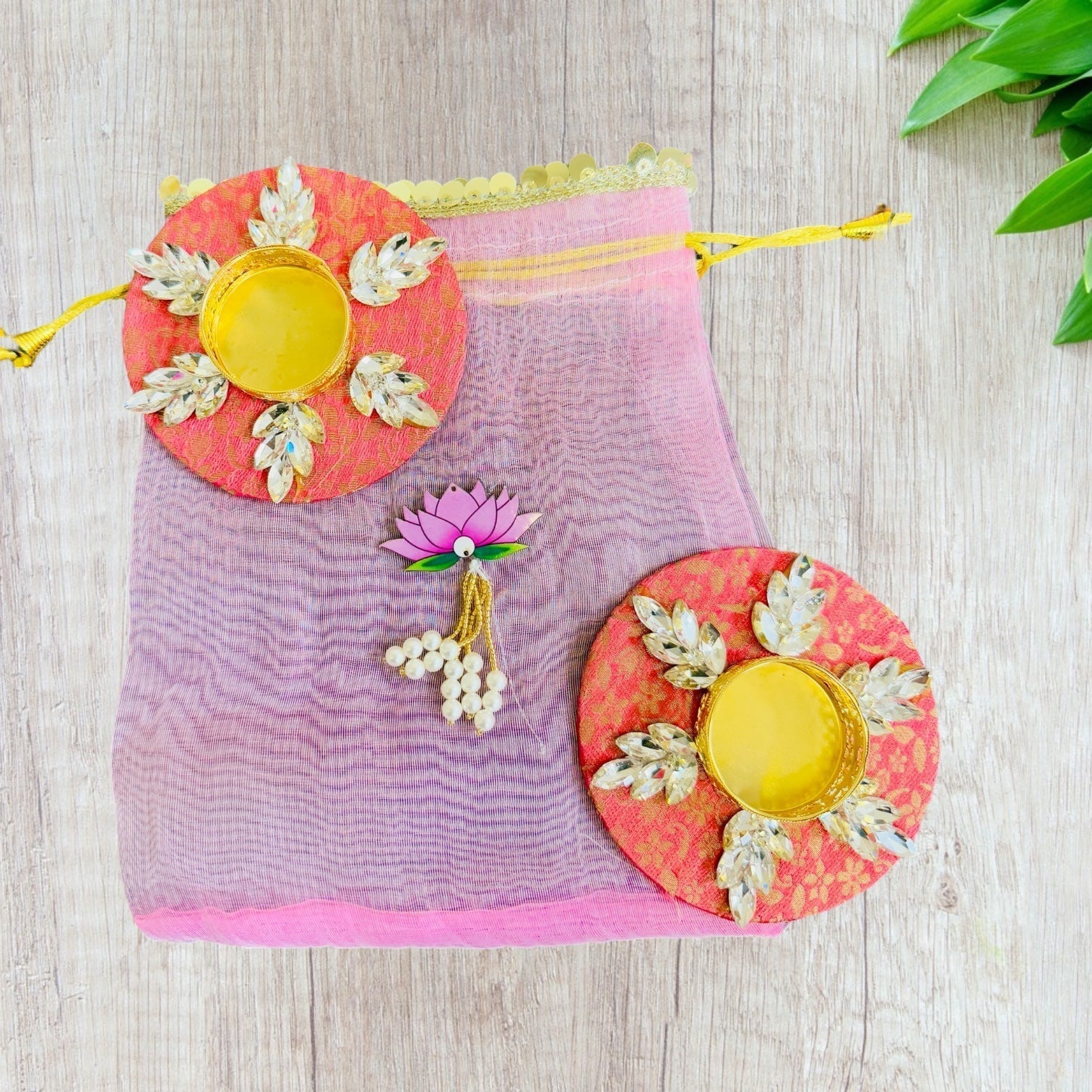 Ready to Gift - Set of 2 Brocade T-light Holders in Organza Potli La Vie Bien Ready to Gift - Set of 2 Brocade T-light Holders in Organza Potli