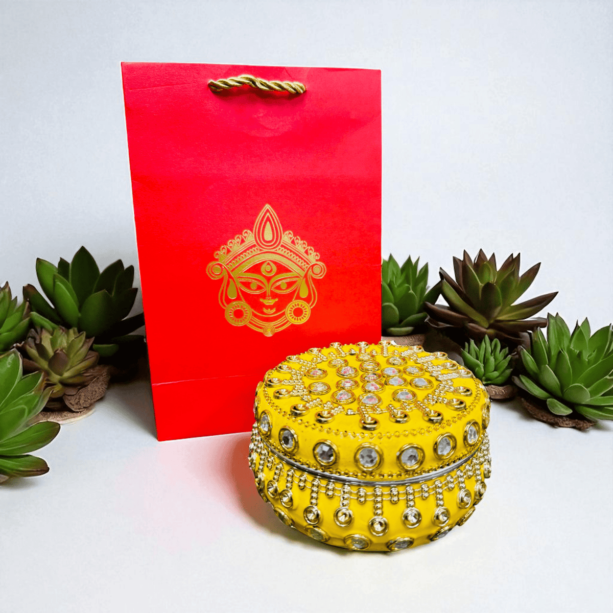 Ready to give Combo includes Stone Studded Stainless Steel Matki Box with Durga Gift Bag for Golu, Karwa Chauth, Navratri, Diwali Party, Indian Festivals Favors & Return Gifts La Vie Bien Ready to give Combo includes Stone Studded Stainless Steel Matki Box with Durga Gift Bag for Golu, Karwa Chauth, Navratri, Diwali Party, Indian Festivals
