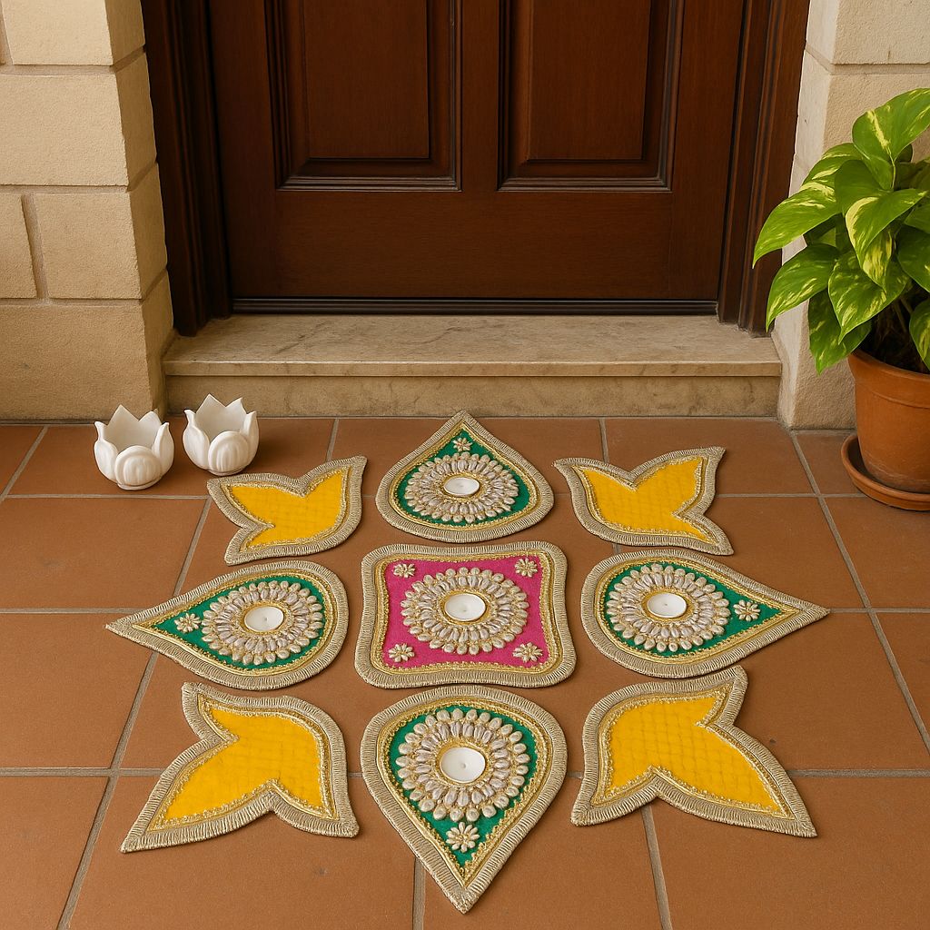 Readymade 9 Pieces Stone Studded Rangoli Set with Tealight Holder La Vie Bien Readymade 9 Pieces Stone Studded Rangoli Set with Tealight Holder