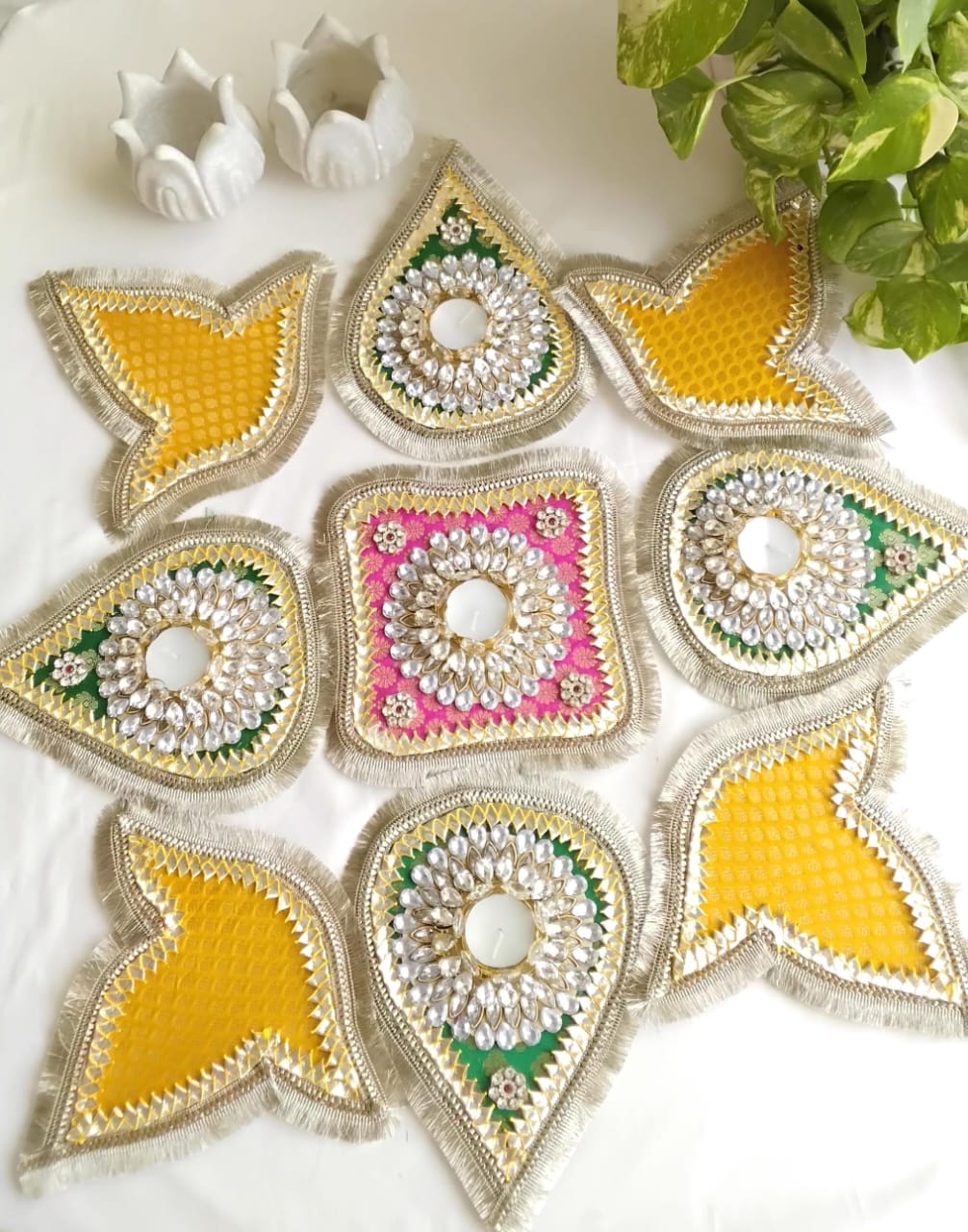 Readymade 9 Pieces Stone Studded Rangoli Set with Tealight Holder La Vie Bien Readymade 9 Pieces Stone Studded Rangoli Set with Tealight Holder